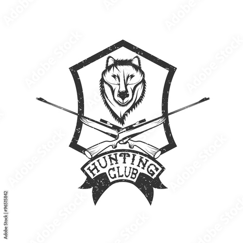 grunge hunting club crest with carbines and wolf
