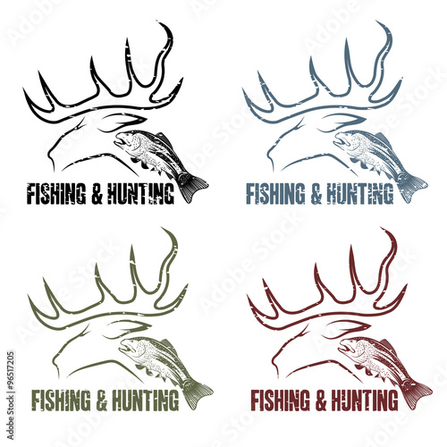 grunge vector hunting and fishing vintage emblems set