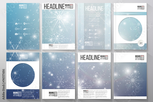 Set of business templates for brochure, flyer or booklet. Blue abstract winter background. Christmas vector style with snowflakes