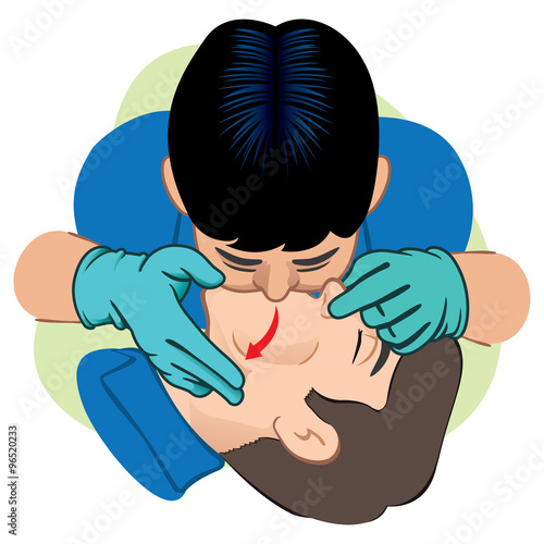 First Aid resuscitation (CPR), mouth-to-mouth resuscitation. Caucasian