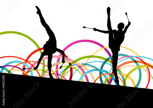 Female woman modern rhythmic gymnastics art with Indian clubs ve