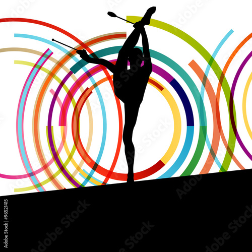Female woman modern rhythmic gymnastics art with Indian clubs ve