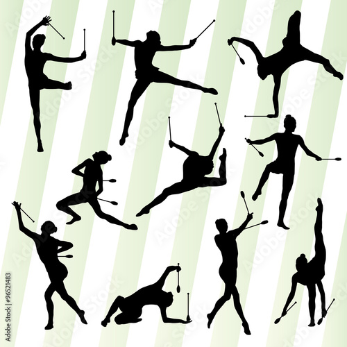 Female woman modern rhythmic gymnastics art with Indian clubs ve