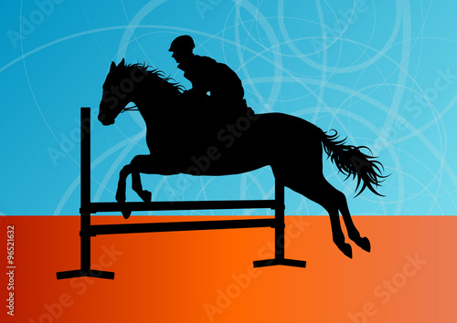 Jumping horses with jockey equestrian sport vector background