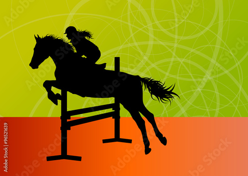 Jumping horses with jockey equestrian sport vector background