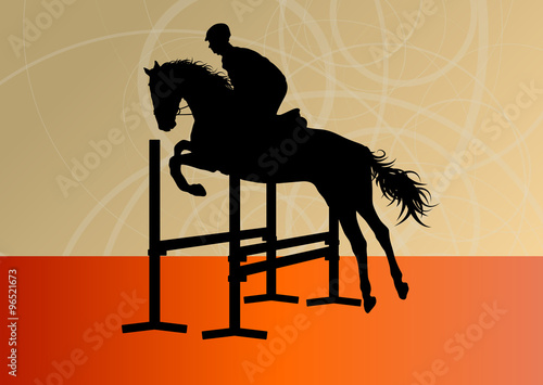 Jumping horses with jockey equestrian sport vector background