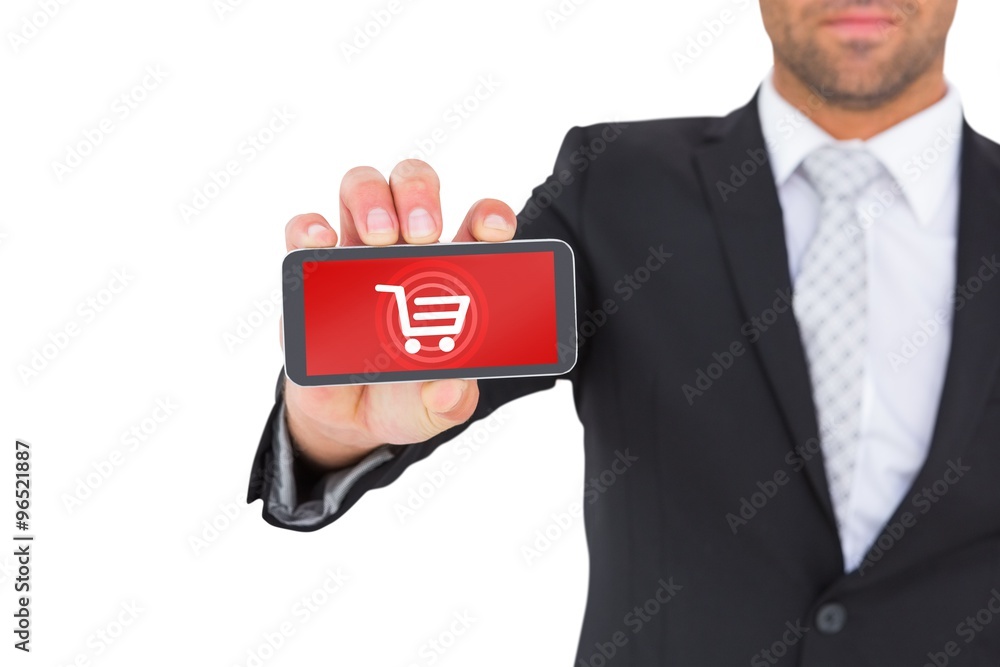 Composite image of businessman showing his smartphone screen Composite image of businessman showing his smartphone screen