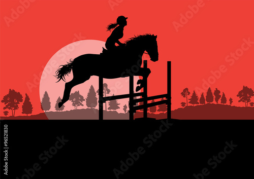 Horses with rider equestrian sport vector background