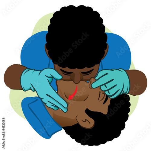 First Aid resuscitation (CPR), mouth-to-mouth resuscitation. African descent with gloves. For resuscitation. Ideal for training materials, catalogs and institutional