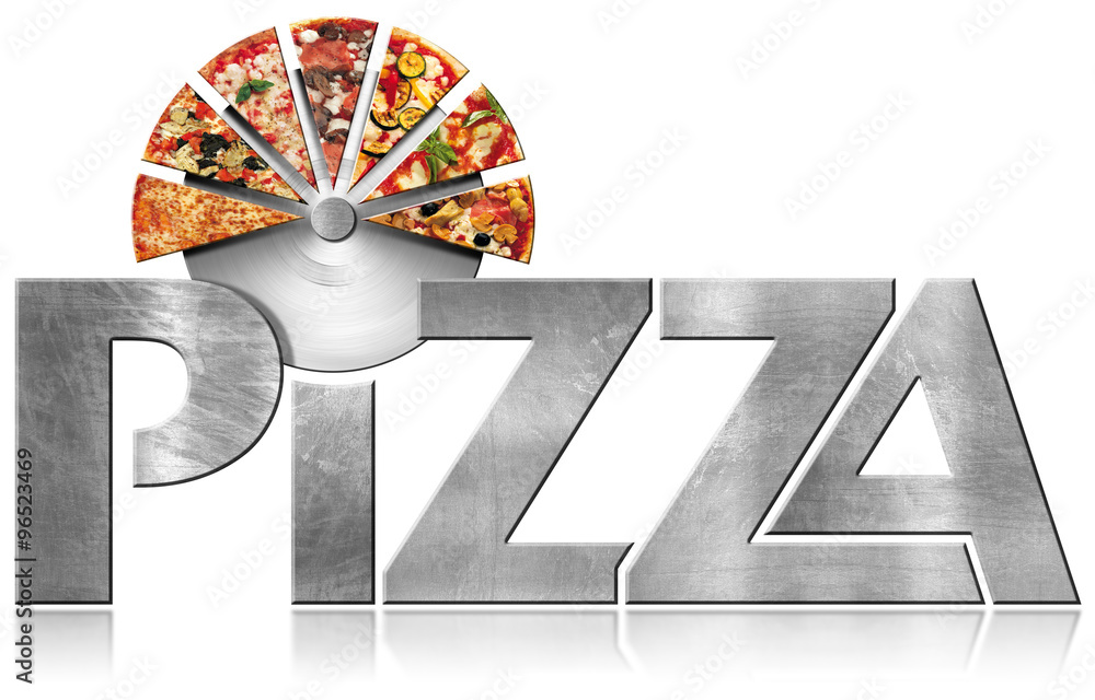 Pizza - Metal Symbol with Slices of Pizza / Metallic icon or symbol with text Pizza, stainless steel pizza cutter and slices of pizza. Isolated on a white background