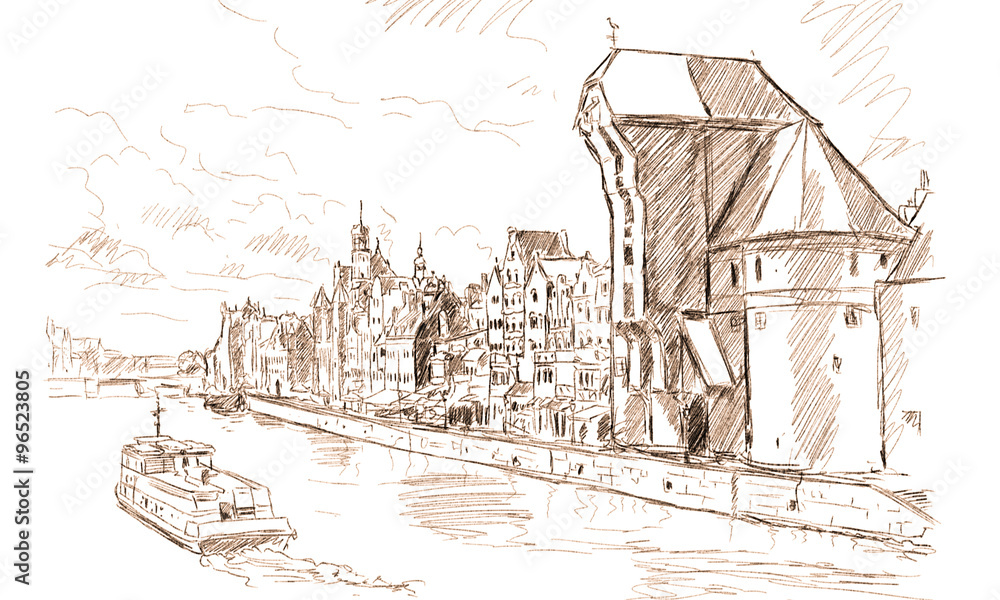 Fototapeta premium Gdansk old town and famous crane, Polish Zuraw. View from Motlawa river, Poland at romantic sunset, night. The city also known as Danzig and the city of amber.