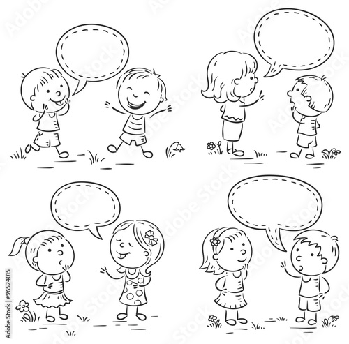Kids talking and showing different emotions, set of four scenes with speech bubbles, black and white outline