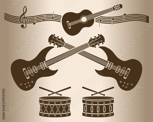 Monochrome contours of guitars and drums. Vector illustration.