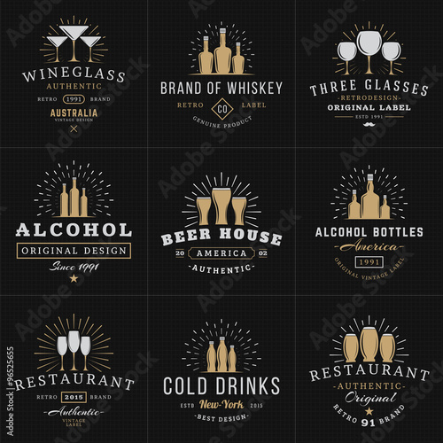 Set of Hipster Vintage Labels, Logotypes, Badges for Your Business. Beverage, Wine Glasses, Bottles, Beer, Drinks, Restaurant. Vector Illustration on Dark Textured Background