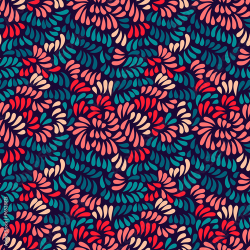 Pastel colored stylized peony flowers and leaves seamless pattern on dark, vector