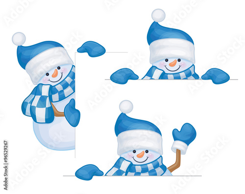 Vector snowmen cartoons hiding by blank isolated.