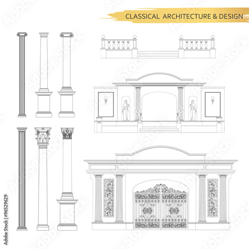 Classical architectural form drawings in set. Vector drawing design elements for classic architecture