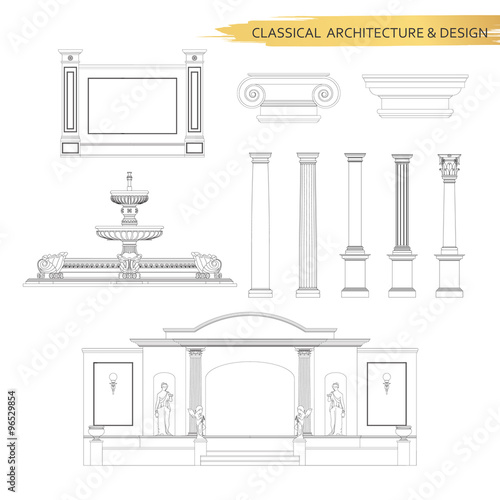 Classical architectural form drawings in set. Vector drawing design elements for classic architecture