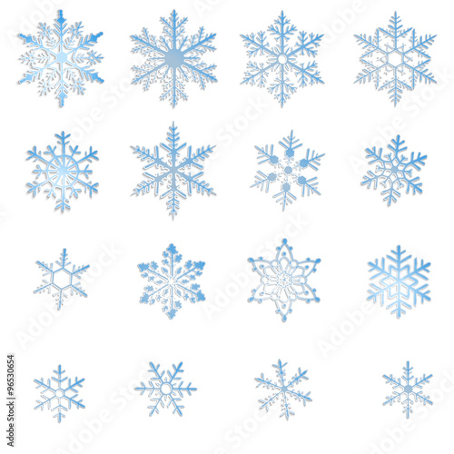 Set of blue snowflakes isolated on white background