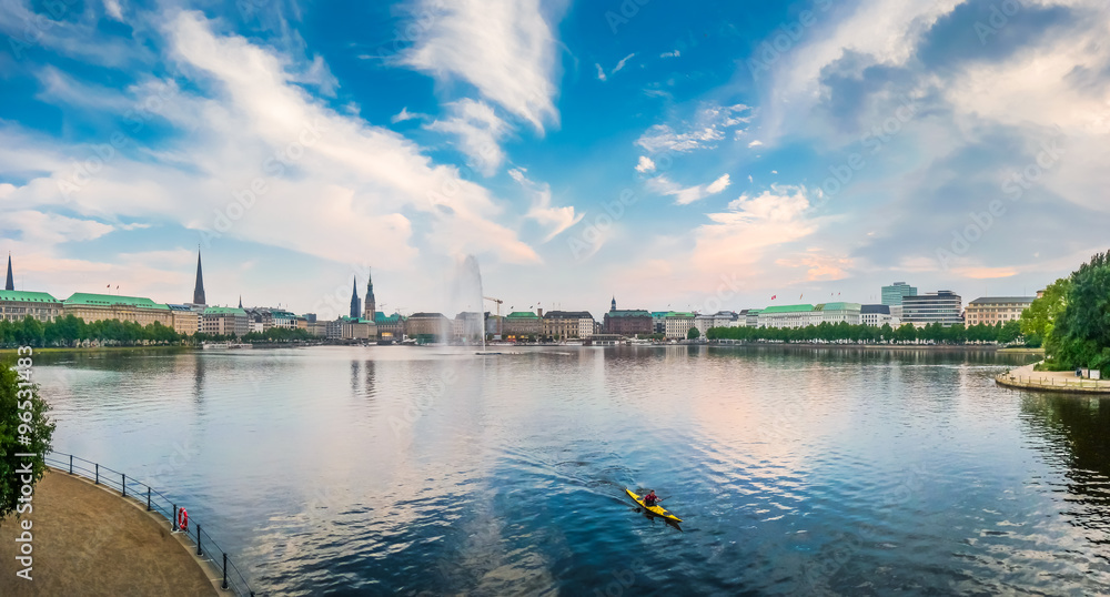 Hamburg Binnenalster lake panorama at sunset, Germany