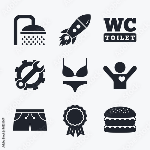 Swimming pool icons. Shower and swimwear signs.