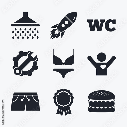 Swimming pool icons. Shower and swimwear signs.