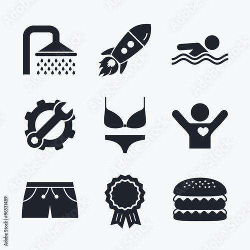 Swimming pool icons. Shower and swimwear signs.