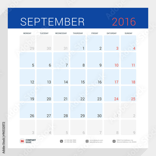 Calendar Planner for 2016 Year. Vector Stationery Design Print Template. Square Pages with Place for Notes. Week Starts Monday. September 2016