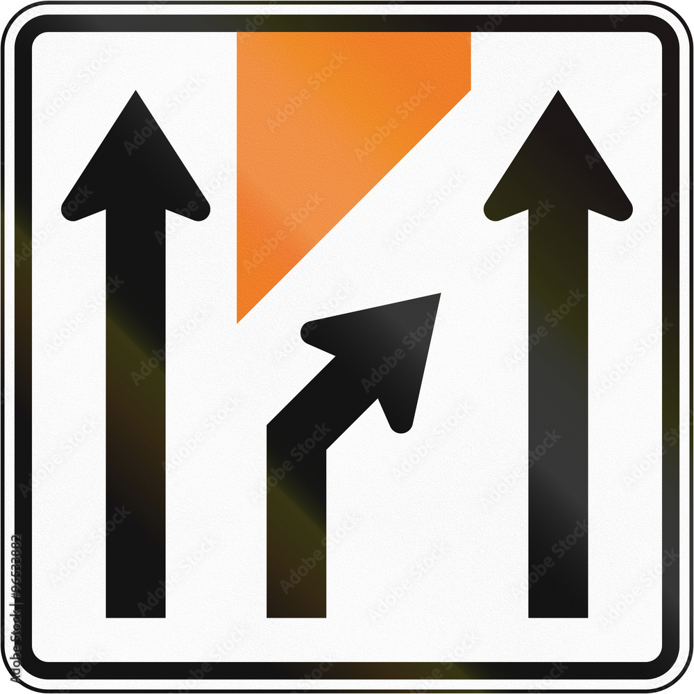 New Zealand road sign - Centre lane closed ahead to right New Zealand road sign - Centre lane closed ahead to right