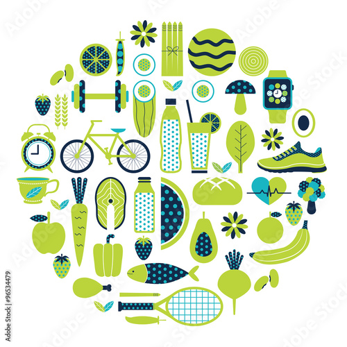 Healthy lifestyle icon set in green colour