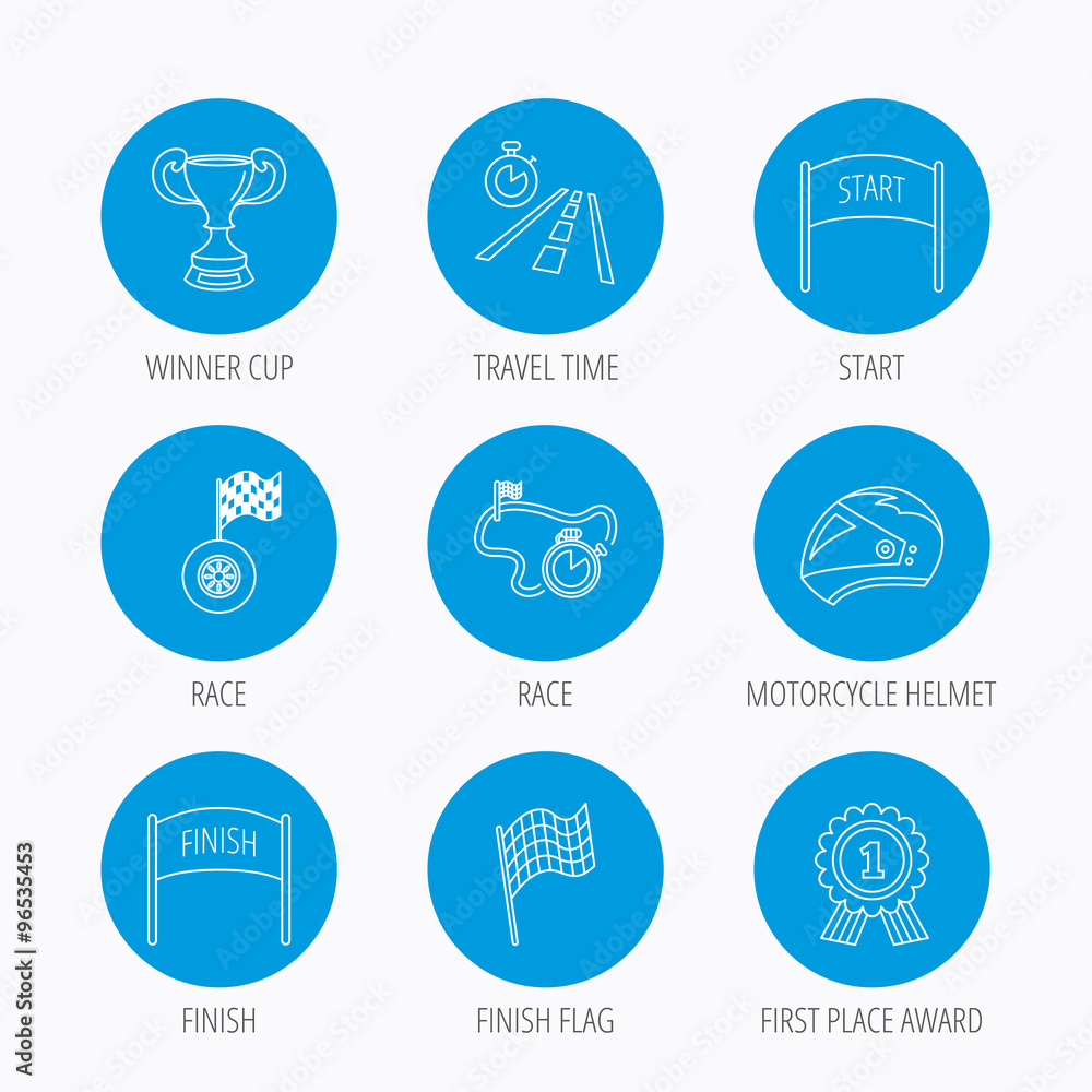 Winner cup and award icons. Race flag signs. Winner cup and award icons. Race flag signs.