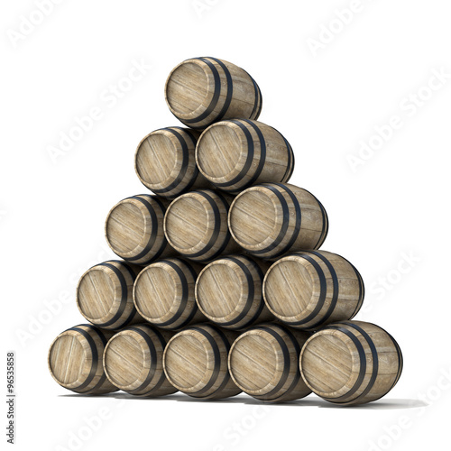 Group of wooden wine barrels. 3D render illustration isolated over white background