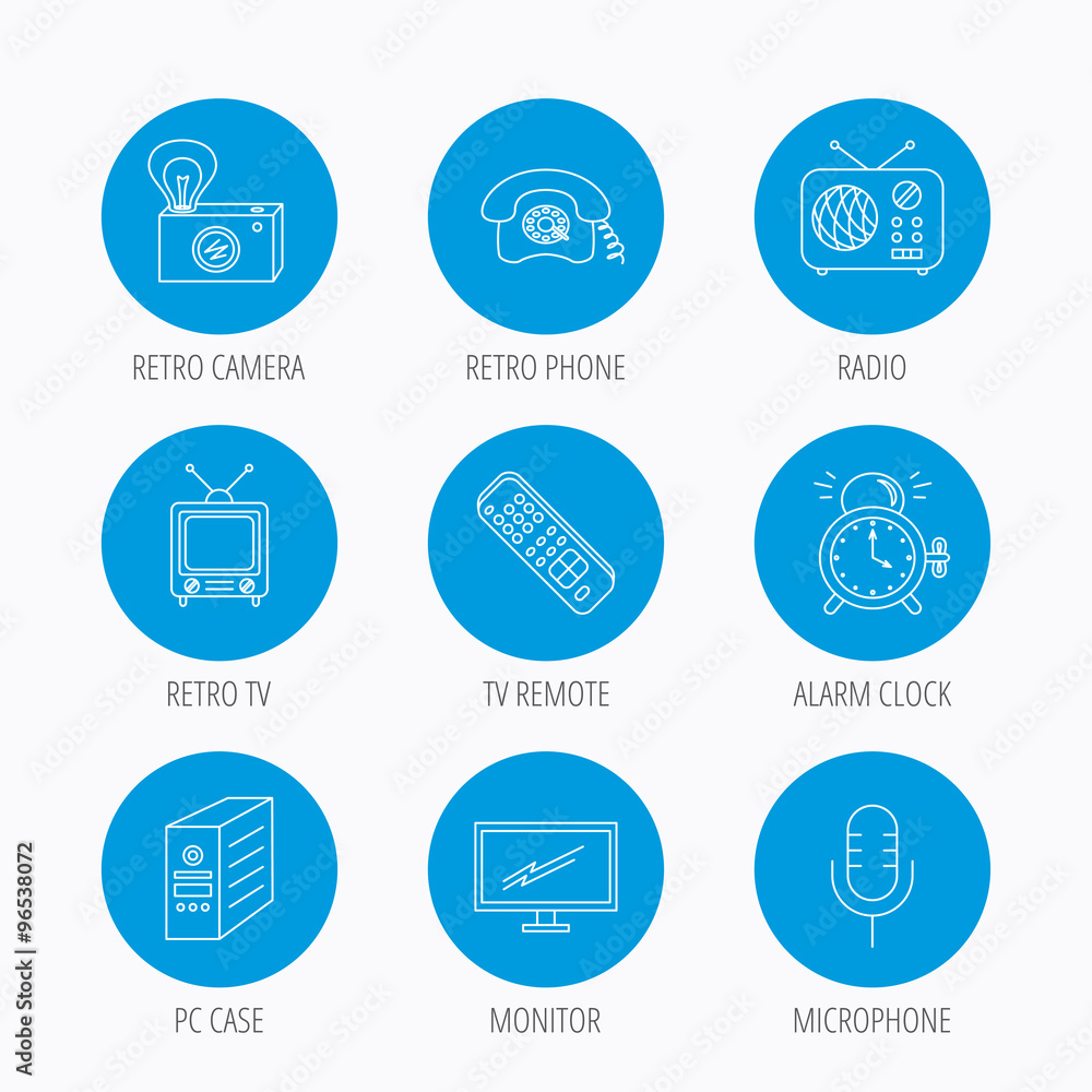 Retro camera, radio and phone call icons. Retro camera, radio and phone call icons.