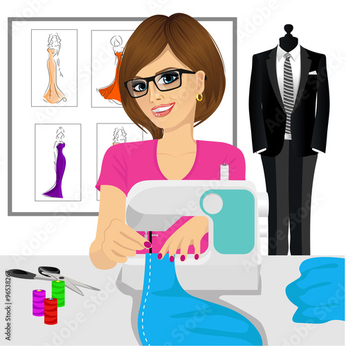 dressmaker woman using sewing machine