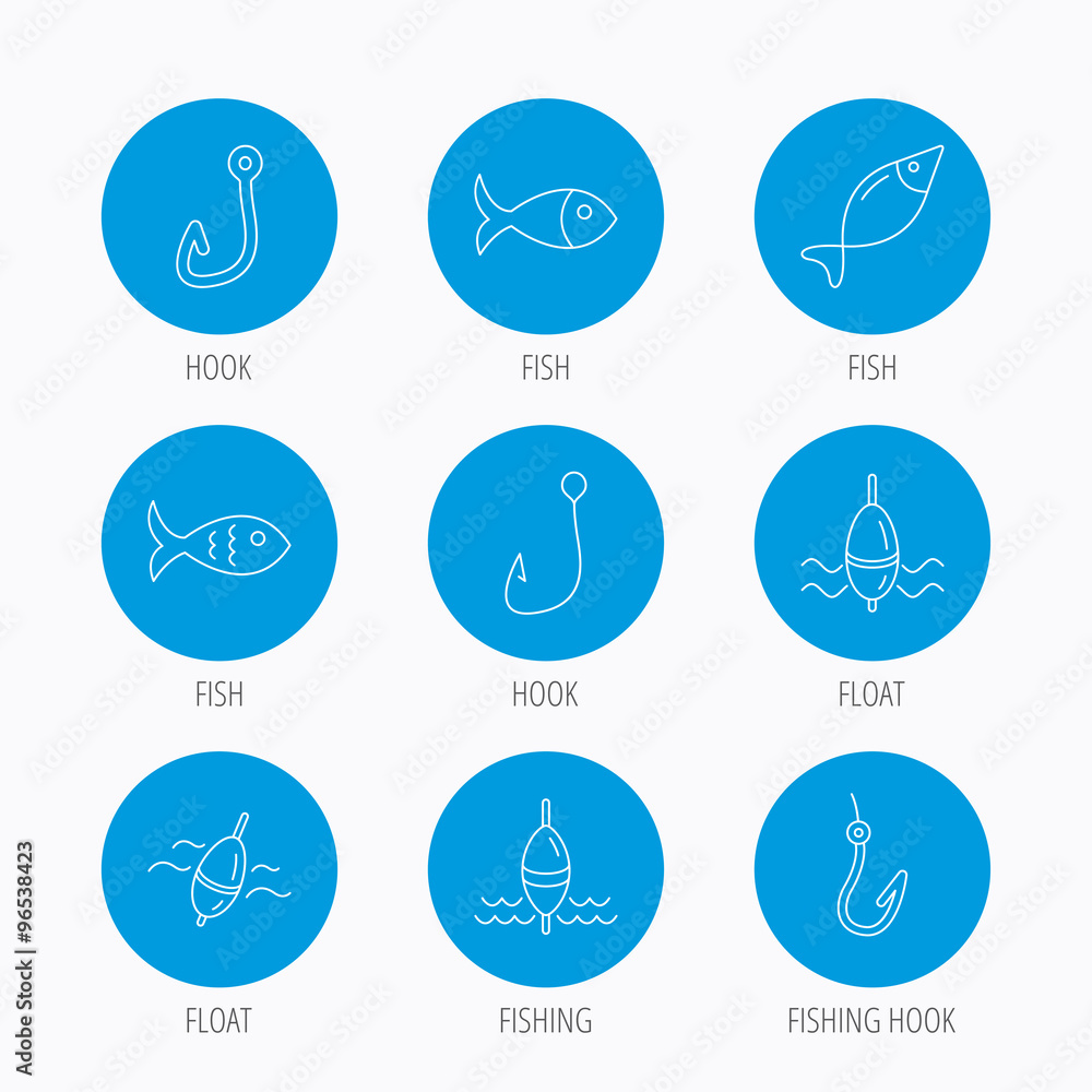 Fishing hook and float icons. Fish, waves signs. Fishing hook and float icons. Fish, waves signs.