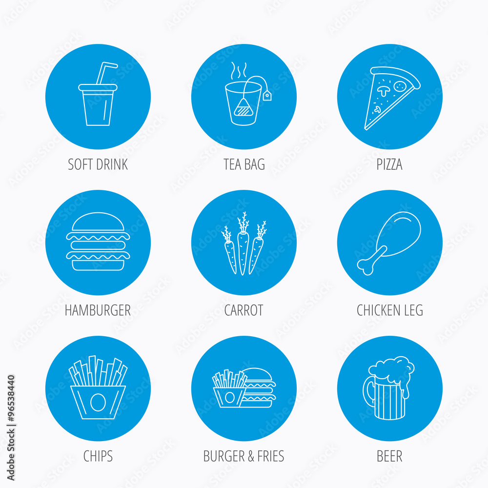 Fototapeta premium Hamburger, pizza and soft drink icons. Beer.