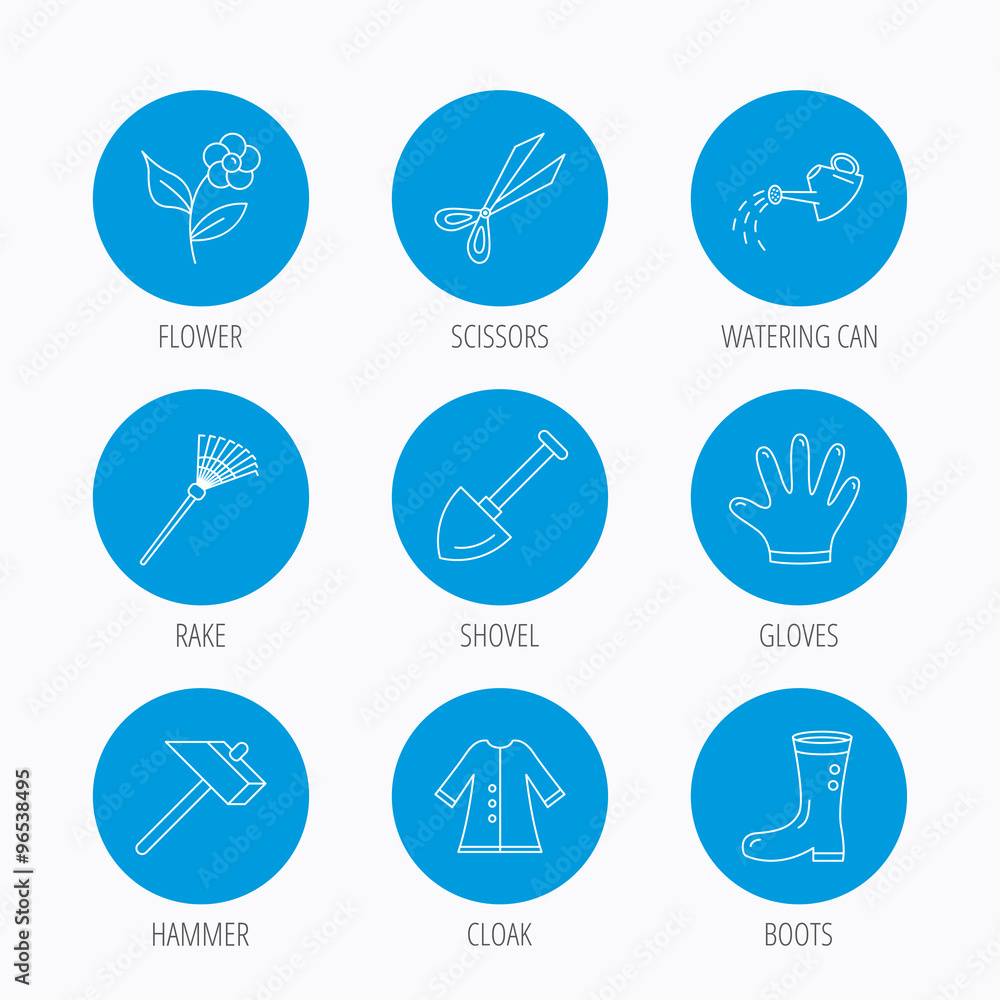 Scissors, hammer and gloves icons. Shovel signs.