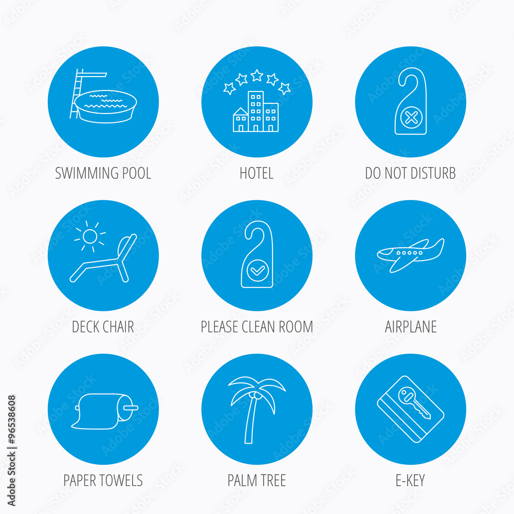 Hotel, swimming pool and beach deck chair icons.