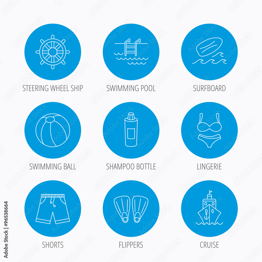 Surfboard, swimming pool and trunks icons.