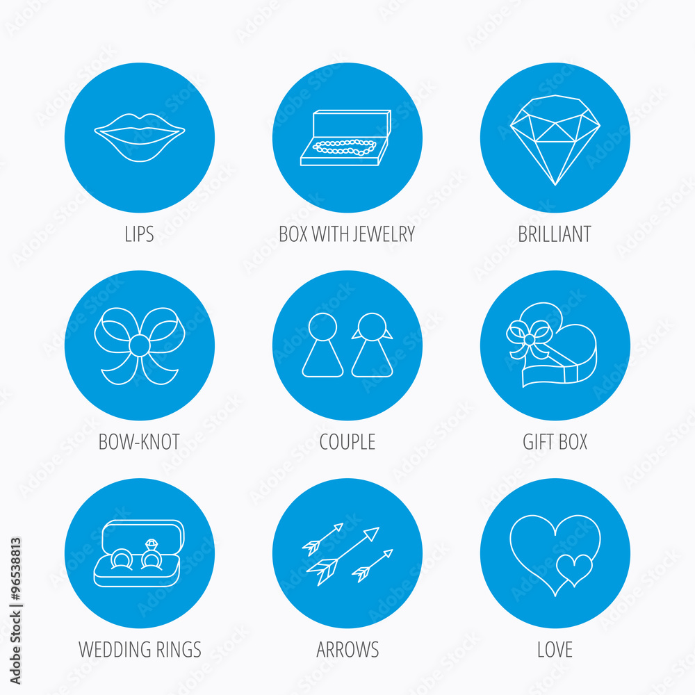 Fototapeta premium Love heart, gift box and wedding rings icons.