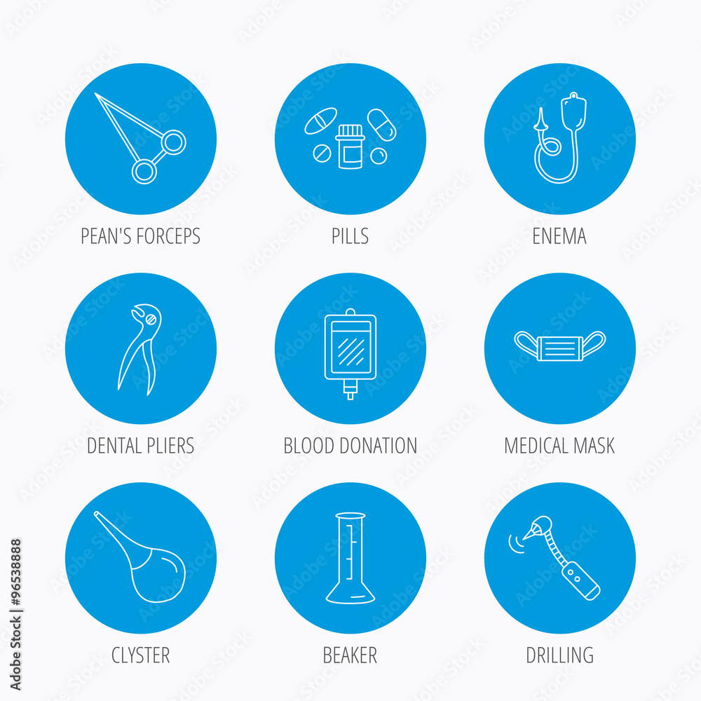 Medical mask, blood and dental pliers icons. Medical mask, blood and dental pliers icons.