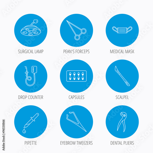 Medical mask, capsules and dental pliers icons.