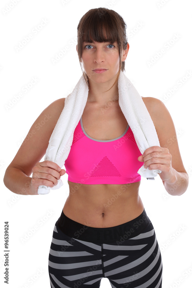 Junge Fitness Sport Workout Frau Portrait mit Handtuch Freistell Junge Fitness Sport Workout Frau Portrait mit Handtuch Freistell