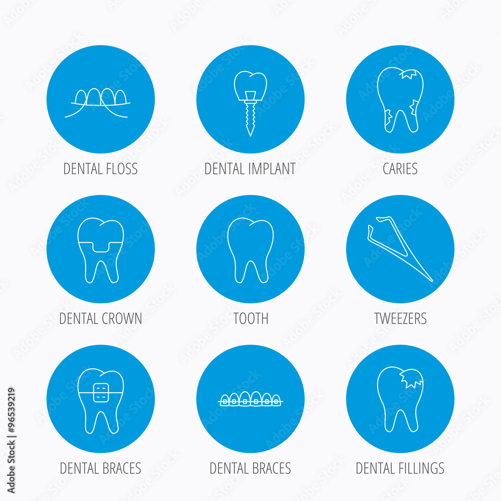Dental implant, floss and tooth icons. Braces. Dental implant, floss and tooth icons. Braces.