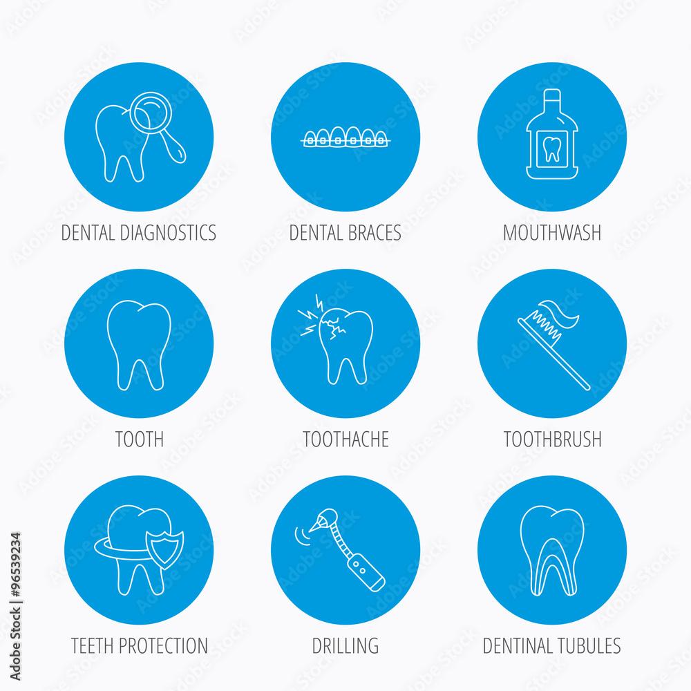 Tooth, dental braces and mouthwash icons.