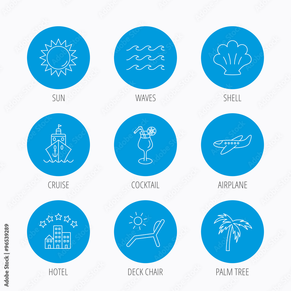 Cruise, waves and cocktail icons. Hotel sign. Cruise, waves and cocktail icons. Hotel sign.