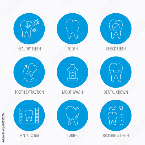 Tooth, dental crown and mouthwash icons. Caries.