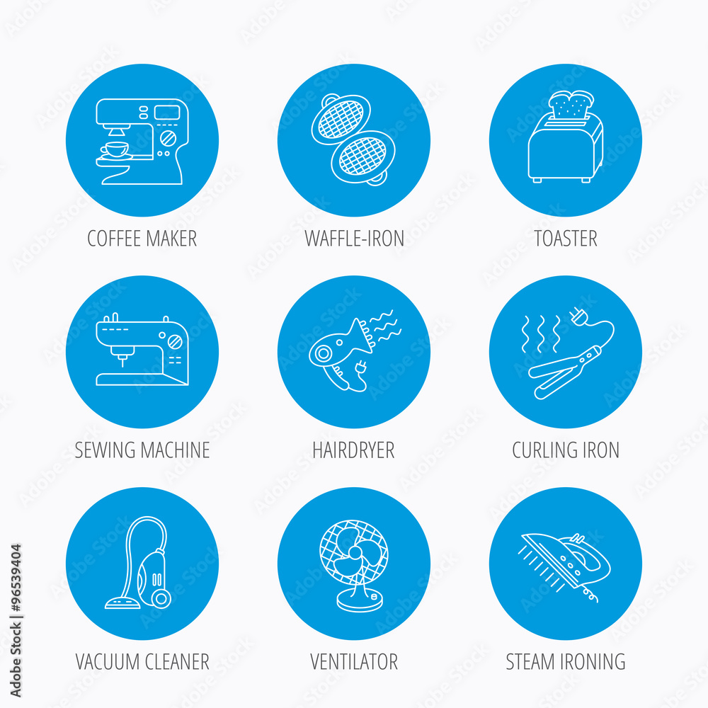 Coffee maker, sewing machine and toaster icons. Coffee maker, sewing machine and toaster icons.
