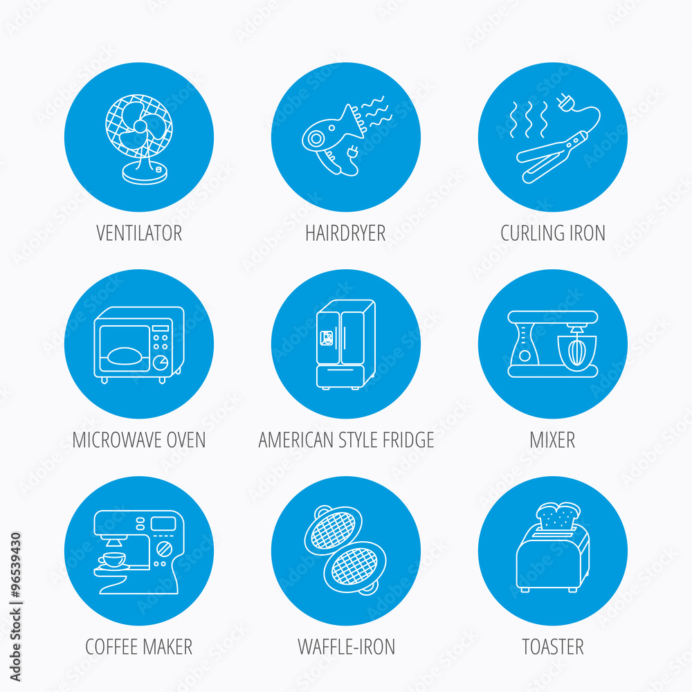 Microwave oven, hair dryer and blender icons. Microwave oven, hair dryer and blender icons.