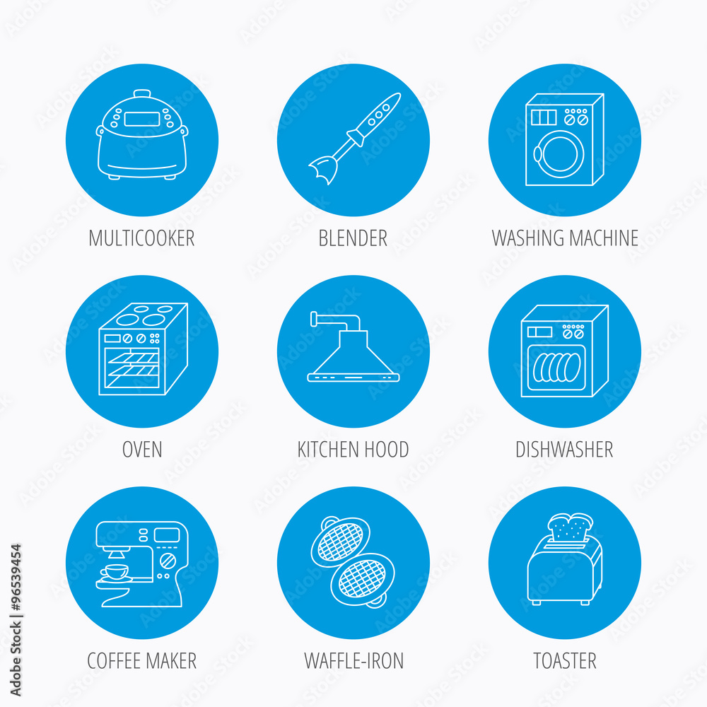Dishwasher, washing machine and blender icons. Dishwasher, washing machine and blender icons.
